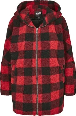 "Ladies Hooded Oversized Check Sherpa Jacket" Winter Jacket Red-black By Urban Classics