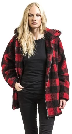 "Ladies Hooded Oversized Check Sherpa Jacket" Winter Jacket Red-black By Urban Classics -Fashion Lady Clothing Shop 441217wa