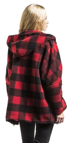 "Ladies Hooded Oversized Check Sherpa Jacket" Winter Jacket Red-black By Urban Classics -Fashion Lady Clothing Shop 441217wb