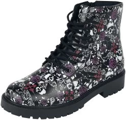"Black Lace-Up Boots With Skull And Roses Print" Boot Black By Black Premium By EMP