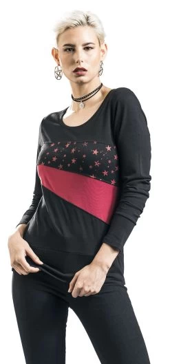 "Black Long-Sleeve Top With Star Print And Crew Neckline" Long-sleeve Shirt Black-red By RED By EMP -Fashion Lady Clothing Shop 464509wa