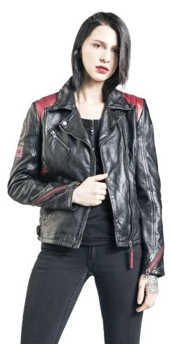 "Black/Red Leather Jacket In Biker Style With Patches" Leather Jacket Black-red By Rock Rebel By EMP -Fashion Lady Clothing Shop 464913wa