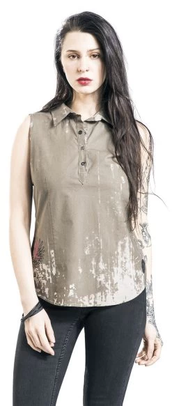 "Beige Short-Sleeve Shirt With Wash And Print" Short-sleeved Shirt Mottled Beige By Rock Rebel By EMP -Fashion Lady Clothing Shop 482887wa