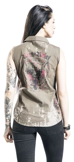 "Beige Short-Sleeve Shirt With Wash And Print" Short-sleeved Shirt Mottled Beige By Rock Rebel By EMP -Fashion Lady Clothing Shop 482887wb