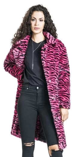 "Longline Fur Coat" Coats Black-pink By QED London -Fashion Lady Clothing Shop 497518wa