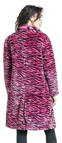 "Longline Fur Coat" Coats Black-pink By QED London -Fashion Lady Clothing Shop 497518wb