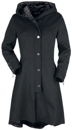 "Gothicana X Anne Stokes - Black Coat With Big Hood And Lacing" Coats Black By Gothicana By EMP