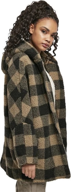"Ladies Hooded Oversized Check Sherpa Jacket" Between-seasons Jacket Brown By Urban Classics -Fashion Lady Clothing Shop 506594wc