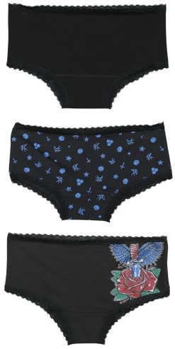 "Three-pack Of Pants With Old School Motifs" Panty Set Black By Rock Rebel By EMP